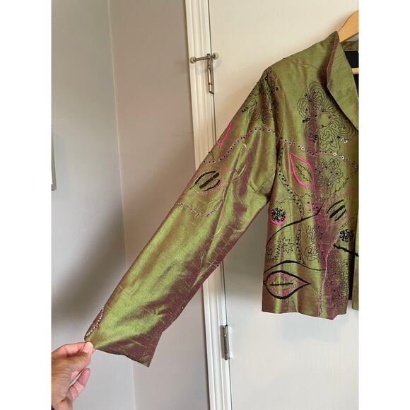 Bleu Bayou grean silk blazer embroidered beaded pink black collar art Large - Picture 4 of 7